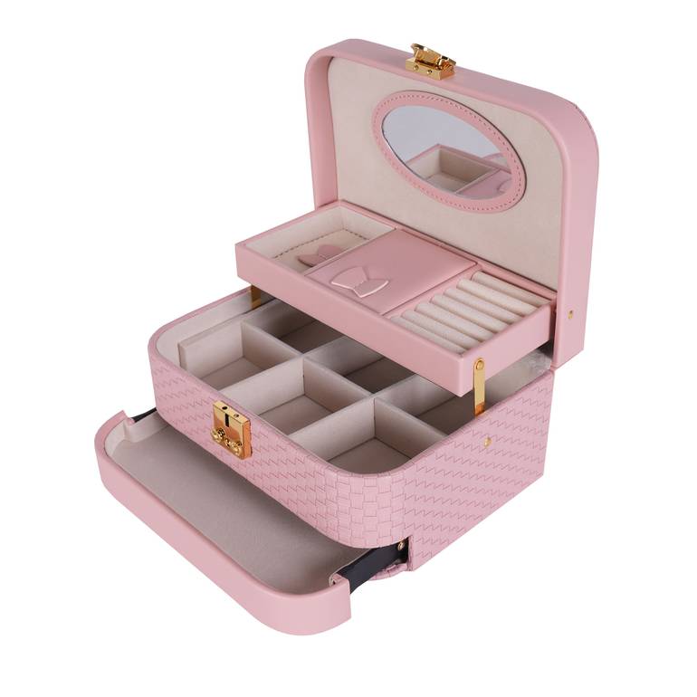Luxury jewelry organizer bag with rose, lock, and two drawers PU - Pink