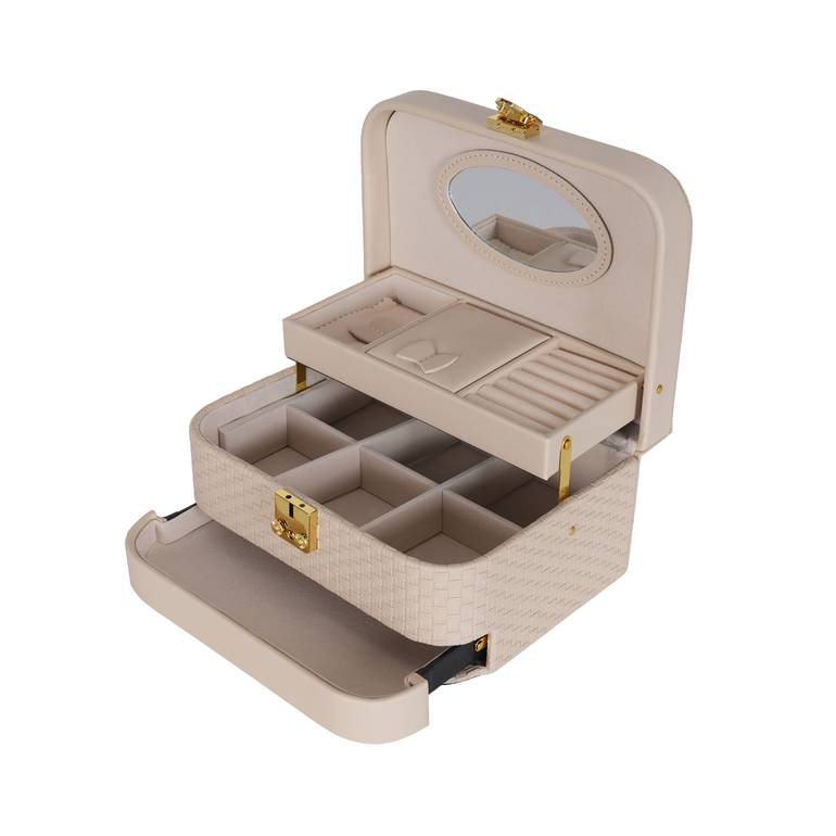 Luxury jewelry organizer bag with rose, lock, and two drawers PU - كاكي