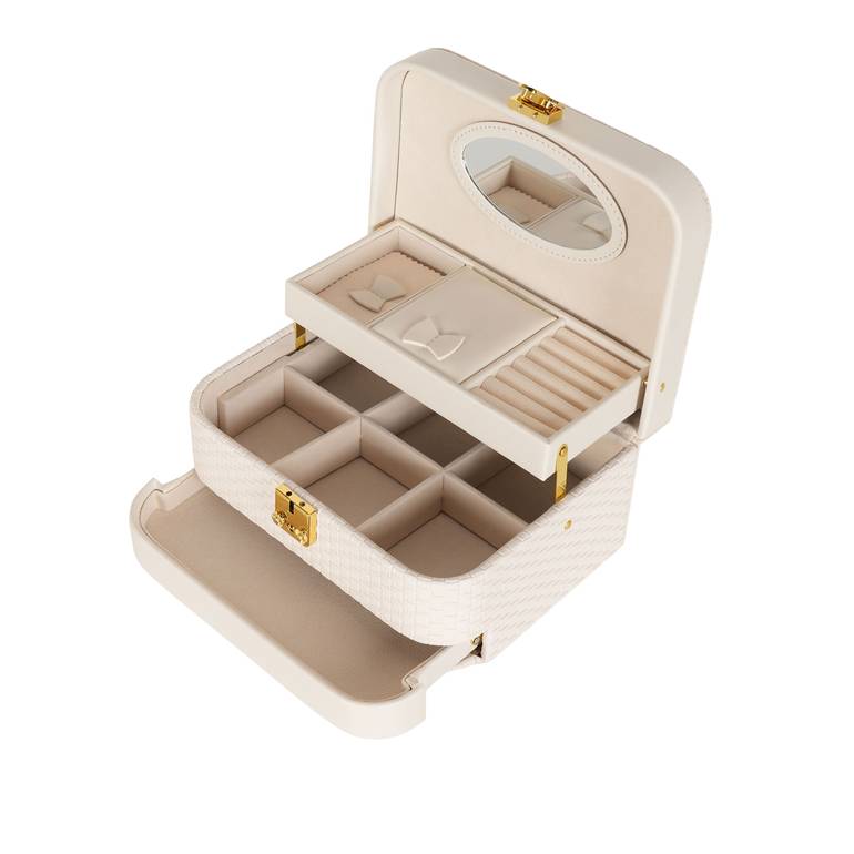 Luxury jewelry organizer bag with rose, lock, and two drawers PU - BEIGE