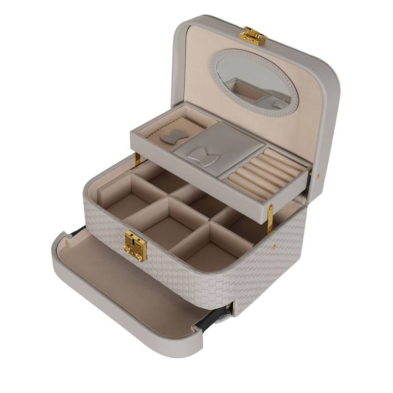 Luxury jewelry organizer bag with rose, lock, and two drawers PU - Grey