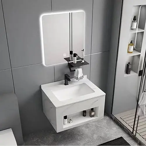 طقم مغسلة سيراميك 60×50 سم أبيض بعروق رمادي مع مرآة LED قطعتين