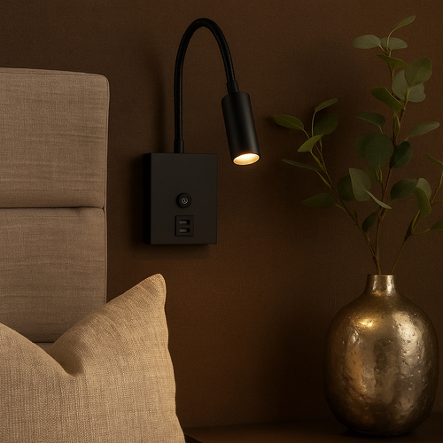 مصباح حائط للقراءة مع شاحن USB-A و USB-C اسود 