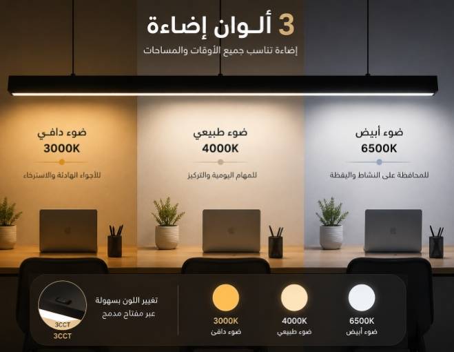 لمبة ليد مسطحة خطية معلقة 120 سم أسود بثلاث درجات حرارية 60 واط