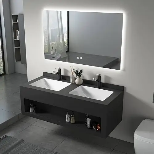 طقم مغسلة سيراميك 120×50 سم أسود مطفي مع مرآة LED قطعتين