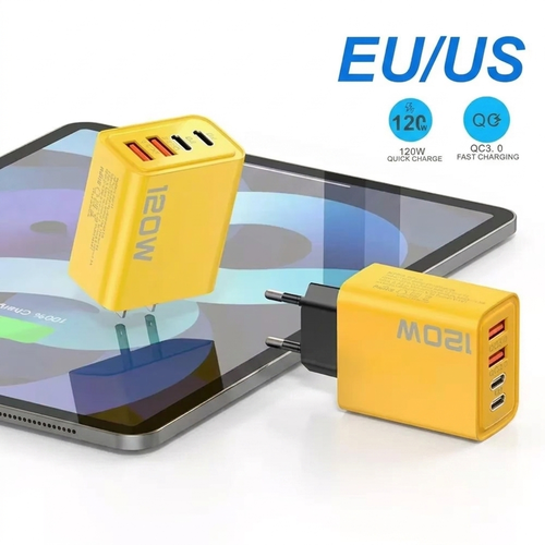 شاحن جداري سريع 120 واط QC 3.0 وPD بأربعة منافذ USB وType-C.