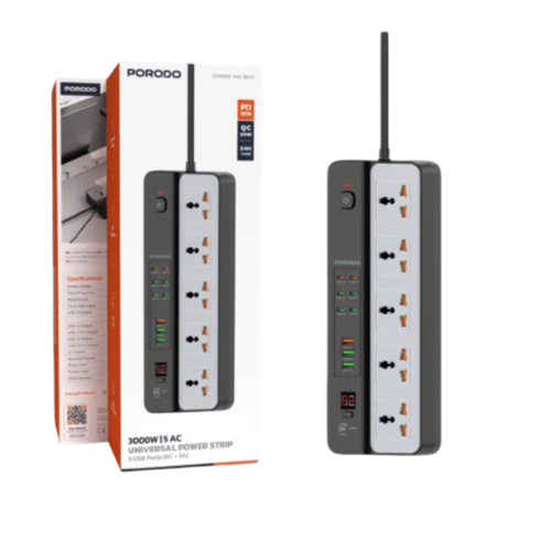 Porodo 3000W | 5AC Universal Power Strip with 9 USB Ports (6C + 3A)