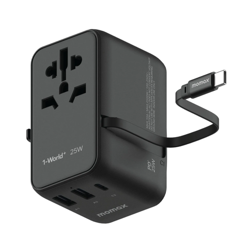 Momax 1-World 25W 3 Port With Built In Usb-C Cable Ac Travel Adaptor