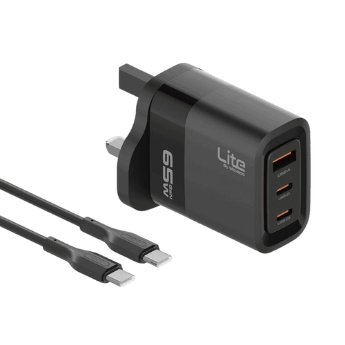 Moxedo Lite 65W GaN Charger Dual USB-C 1 USB-A PD 3.0 With USB-C To USB-C Cable 1.2m