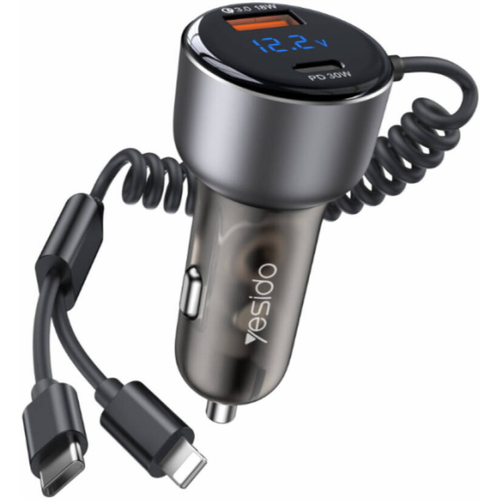 Yesido 60W PD + QC3.0 Dual Port Car Fast Charger With USB Type-C And Lightning Spring Cable Y58