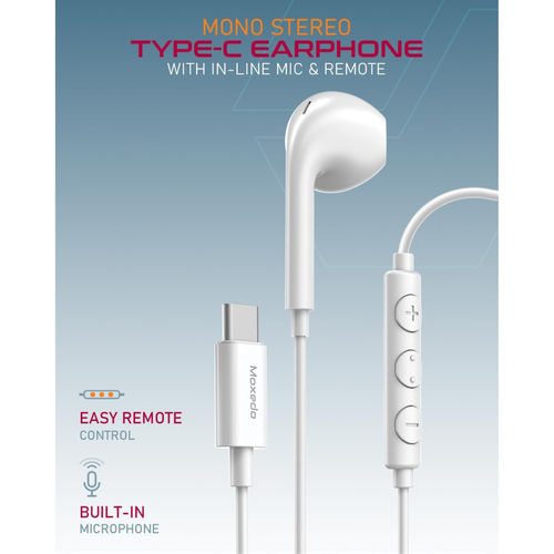 Moxedo Mono Stereo Earphone USB Type-C Connector Earphone In-Line Remote, Built-in Microphone
