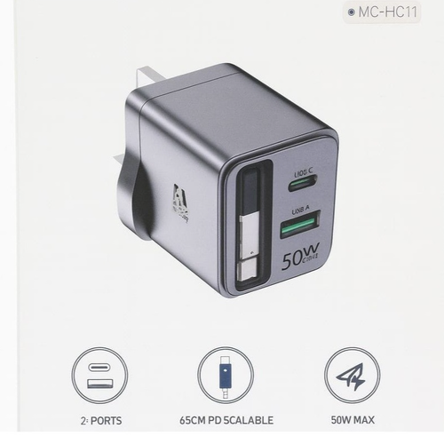 HR PD50W Fast Charging Adaptor with Retractable Cable