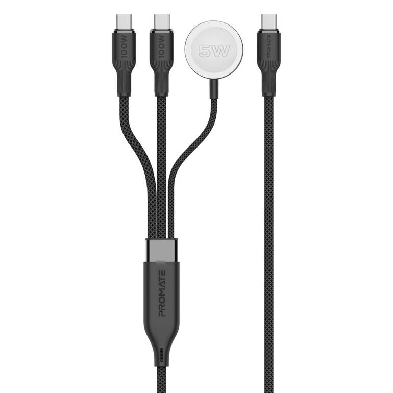 كيبل شحن USB-C فائق السرعة بقوة 100 واط مع مخرجين USB-C ، وشاحن لساعة أبل، يدعم مزامنة البيانات بسرعة 480 ميجابت في الثانية، تصميم مضفر متين بطول 140 سم – القوة والأداء في كابل واحد - Promate Fusion-CCW - اسود