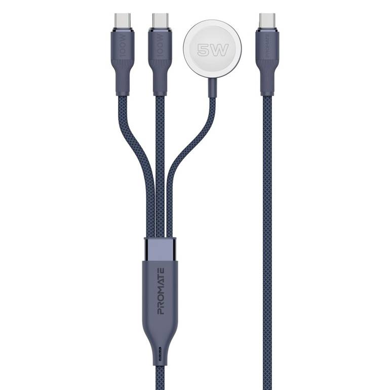 كيبل شحن USB-C فائق السرعة بقوة 100 واط مع مخرجين USB-C ، وشاحن لساعة أبل، يدعم مزامنة البيانات بسرعة 480 ميجابت في الثانية، تصميم مضفر متين بطول 140 سم – القوة والأداء في كابل واحد - Promate Fusion-CCW - ازرق