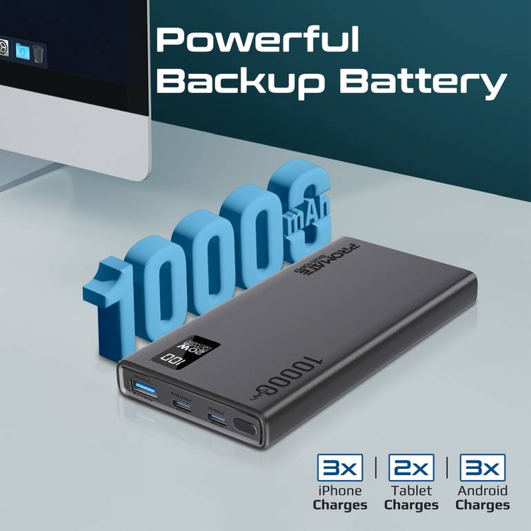 أقوى وأحدث بطارية متنقلة صغيرة بسعة 10000مللي أمبيرمع منفذ USB-C™ بقوة 20 واط للدخل/الخرج، مخرج QC 3.0، شاشة LCD وحماية من السخونة الزائدة للهواتف الذكية والأجهزة اللوحية - Promate Bolt-10PD - اسود