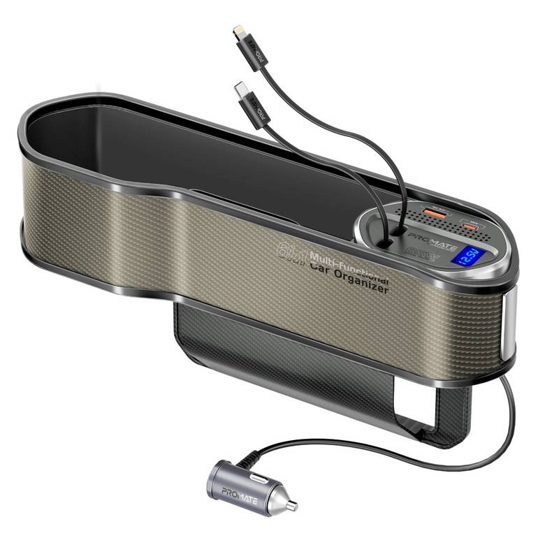 منظم سيارة متعدد الوظائف مزود بمحطة شحن بقوة 65 واط وكابلات USB-C وLightning قابلة للسحب لتسهيل شحن أجهزتك في السيارة - Promate CarMate-RPD - بني
