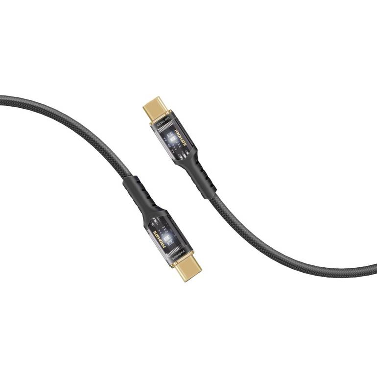 كابل USB-C فائق السرعة لتوصيل الطاقة بقوة 100واط، مزود برؤوس شفافة لتجربة شحن لا مثيل لها. يدعم نقل البيانات والشحن السريع مع ضوء LED لمؤشر الشحن، بطول 2 متر وعمر انحناء يزيد عن 25000 مرة - Promate LucidLine-CC200 - اسود