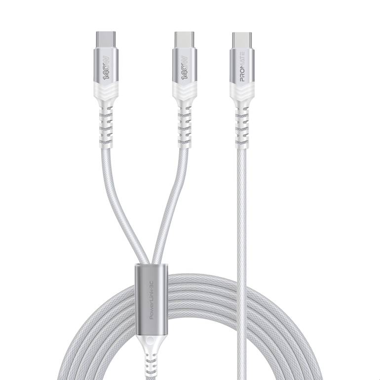 كابل شحن USB-C™ إلى USB-C مزدوج مضفر بالقماش، يقدم سرعة شحن عالية تصل إلى 140 واط - ابيض