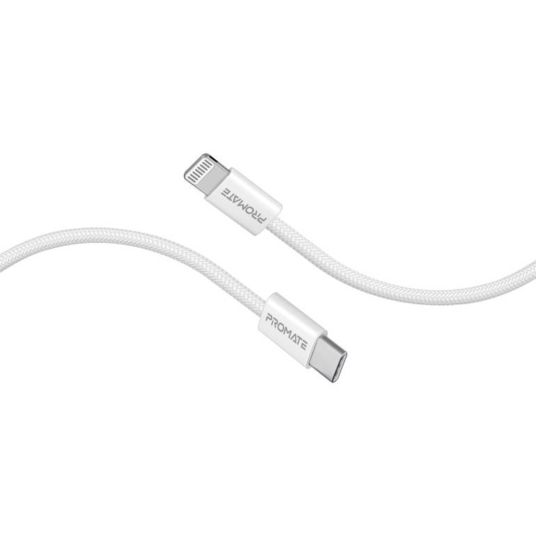 أقوى كيبل شحن من USB-C إلى لايتينينغ بتوصيل طاقة فائقة السرعة بقدرة 27 واط مع دعم لنقل البيانات والشحن  وعمر انحناء يتجاوز 25000 انحناءة بطول 1.2 متر - Promate EcoLine-Ci120 - ابيض
