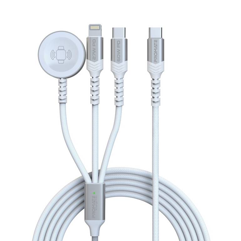 تجربة شحن ونقل بيانات فعّالة مع كابل بروميت متعدد الوصلات 5 في 1، بتوصيل طاقة بقدرة 60 واط لمنفذ USB-C فائق السرعة، شاحن لساعة أبل بقدرة 2.5 واط وشاحن أيفون بتقنية لايتينينغ بقوة 27 واط بالإضافة إلى طول كيبل 1.5 متر - Promate iCharge-Trio - ابيض