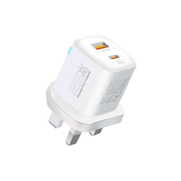 تجربة شحن فائقة الأمان والسرعة مع رأس شاحن الحائط PowerPort-25AC مزود بمخرج USB-C لتوصيل الطاقة بقوة 25 واط بالإضافة إلى مخرج QC 3.0 بقوة 18 واط للشحن السريع مع الحماية من زيادة التيار وتنظيم الجهد التلقائيPromate PowerPort-25AC  - ابيض