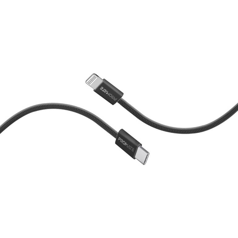 أقوى كيبل شحن من USB-C إلى لايتينينغ بتوصيل طاقة فائقة السرعة بقدرة 27 واط مع دعم لنقل البيانات والشحن  وعمر انحناء يتجاوز 25000 انحناءة بطول 1.2 متر - Promate EcoLine-Ci120 - اسود