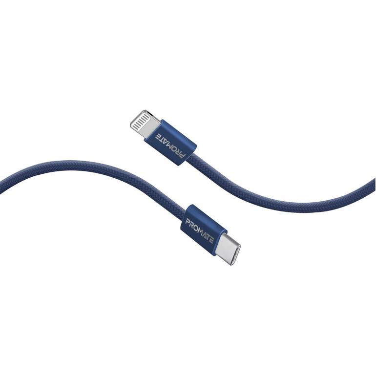 أقوى كيبل شحن من USB-C إلى لايتينينغ بتوصيل طاقة فائقة السرعة بقدرة 27 واط مع دعم لنقل البيانات والشحن  وعمر انحناء يتجاوز 25000 انحناءة بطول 1.2 متر - Promate EcoLine-Ci120 - كحلي