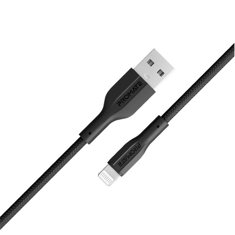  كيبل شحن من USB-A إلى لايتنينج متين بقدرة 10 واط مع نقل بيانات بسرعة 480 ميجابت في الثانية، اختبار الانحناء 10000 مرة صمم من  السيليكون المضاد للتشابك بطول 100 سم - Promate XCord-Ai - اسود
