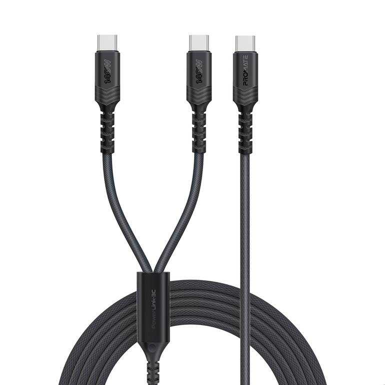 كابل شحن USB-C™ إلى USB-C مزدوج مضفر بالقماش، يقدم سرعة شحن عالية تصل إلى 140 واط - اسود