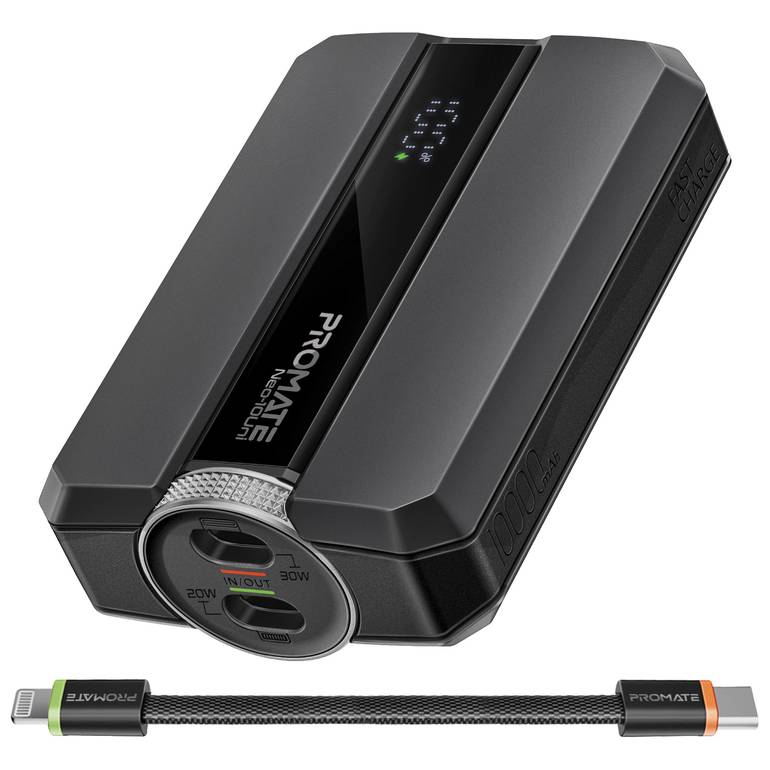 بطارية متنقلة صغيرة الحجم بسعة 10000 مللي أمبير في الساعة، تأتي مع كيبل مزدوج من نوع USB-C إلى لايتينينغ. تدعم شحن ثلاثة أجهزة في وقت واحد وتوفر شحن سريع بقوة 30 واط. مزودة بشاشة LED ونظام حماية أثناء الشحن. Promate Neo-10Uni - اسود