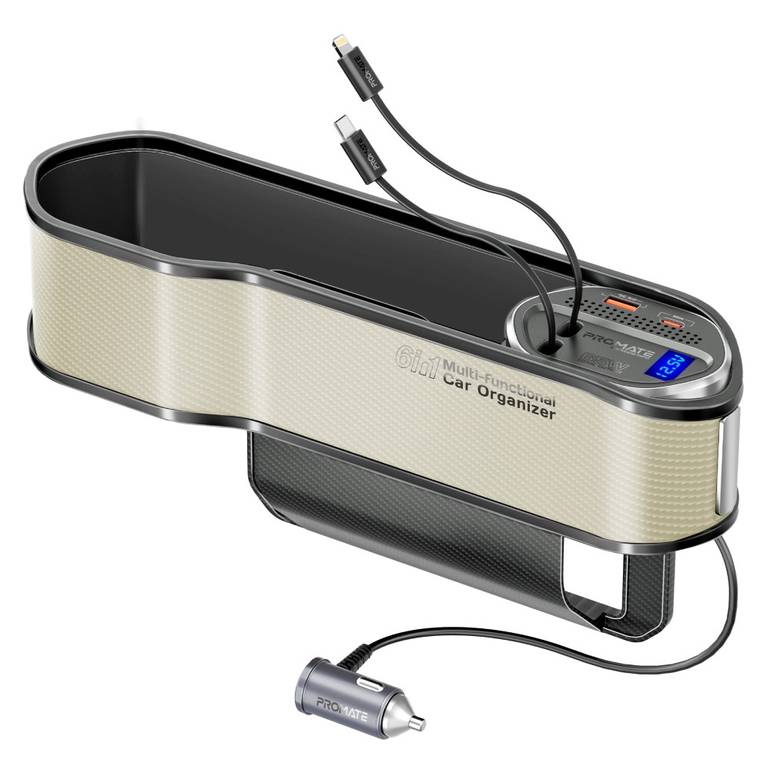 منظم سيارة متعدد الوظائف مزود بمحطة شحن بقوة 65 واط وكابلات USB-C وLightning قابلة للسحب لتسهيل شحن أجهزتك في السيارة - Promate CarMate-RPD - بيج