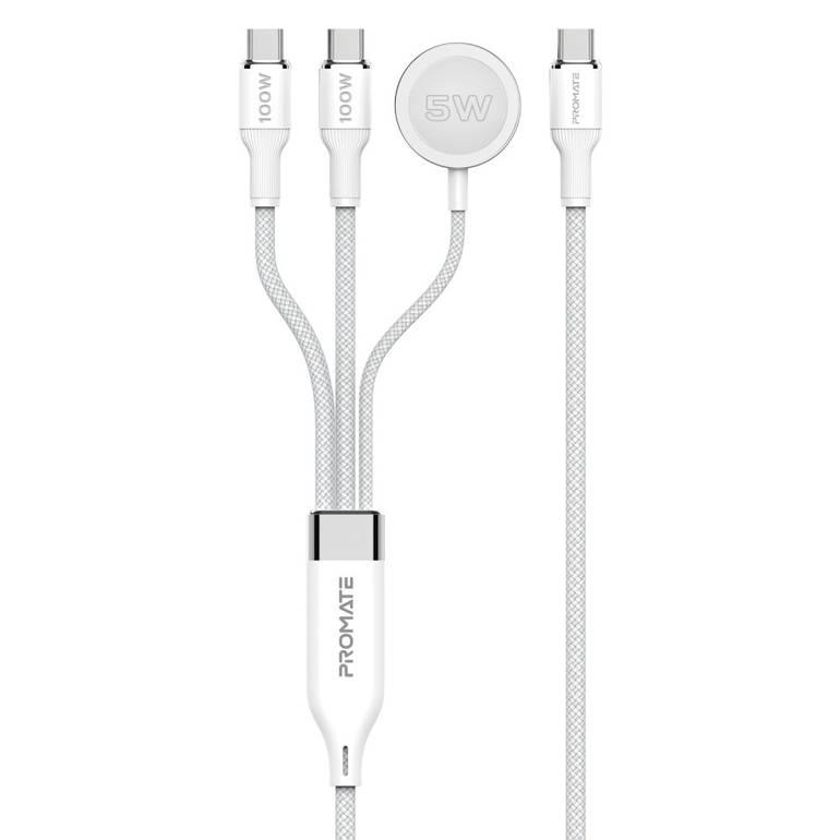 كيبل شحن USB-C فائق السرعة بقوة 100 واط مع مخرجين USB-C ، وشاحن لساعة أبل، يدعم مزامنة البيانات بسرعة 480 ميجابت في الثانية، تصميم مضفر متين بطول 140 سم – القوة والأداء في كابل واحد - Promate Fusion-CCW - ابيض