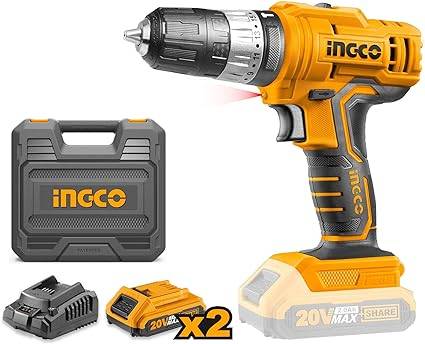 ingco Cidli20012 20V مثقاب مستهدف ، تأثير كهربائية 45 نانومًا ، 18+1+1 سائق تدريبات الطاقة ، 0.8-10 مم ، سرعة متغيرة ، مجموعة مثقاب مطرقة مع حزمة بطارية ، شاحن سريع ، LED (مجموعة واحدة)