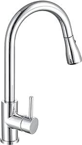 Chrome Kitchen Faucet مع بخاخ ، اسحب صنبورًا لأسفل للحوض المطبخ عالي القوس مقبض واحد ثقب واحد