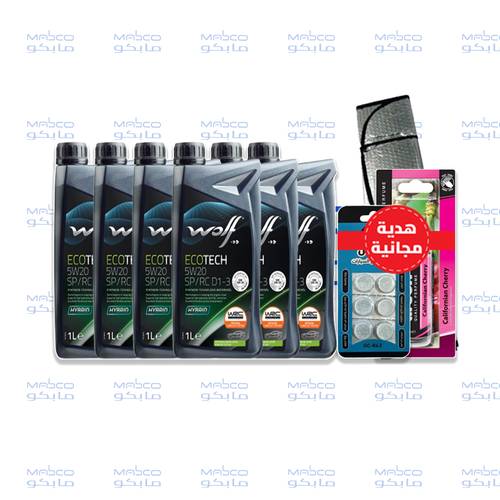 عرض الباكدج 6 علب من زيت ولف ايكوتيك 5w20 + صابون ماء مساحات + معطر بخاخ اوريون + شماسه قصدير منوع 