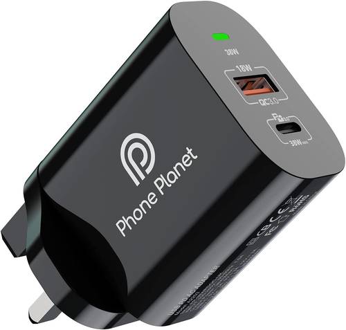Phone Planet Customized UK Plug 38W Fast Charge 1 USBC 1USB A Port Wall Charger & Adapter For iphone 13 14 pro max Quete Now