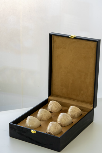 leather box containing 6 palm tree small cups- Khazaf Amlaa
