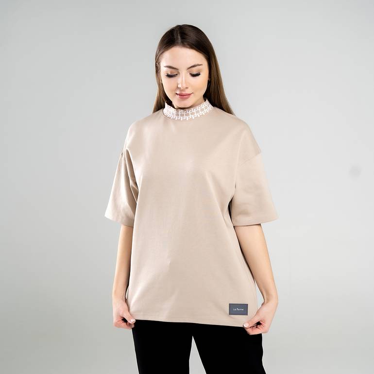 High Neck T-Shirt (Beige) - L