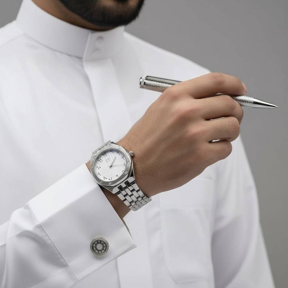 طقم رجالي ساعة ضد الماء مع قلم وكبك ومسبحة وعلبة فخمة