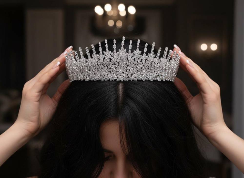 تاج زركون سهرة لون فضي مع علبة فخمة