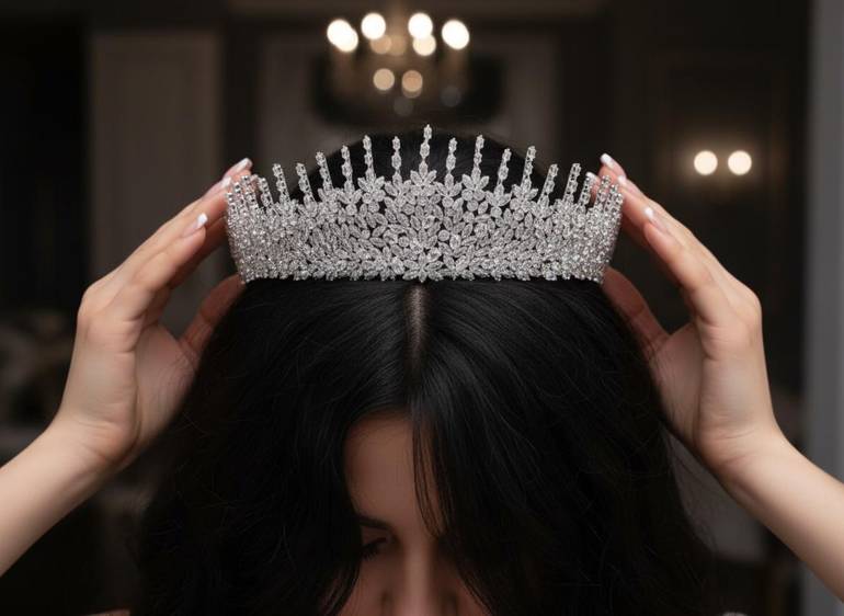 تاج زركون سهرة لون فضي مع علبة فخمة
