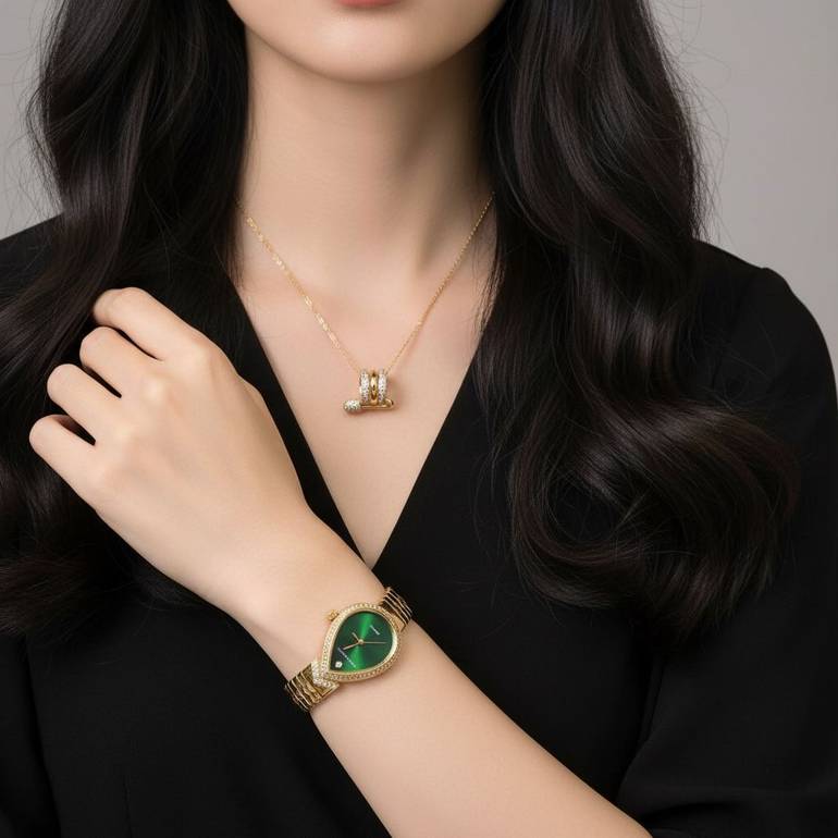ساعة نسائية ضد الماء مع سلسة زركون لون ذهبي وعلبة فخمة