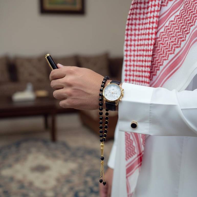 ساعة رجالي ضد الماء مع كبك وقلم ومسبحة وعلبة فخمة