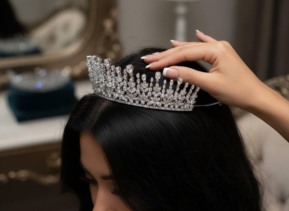 تاج زركون سهرة لون فضي مع علبة فخمة