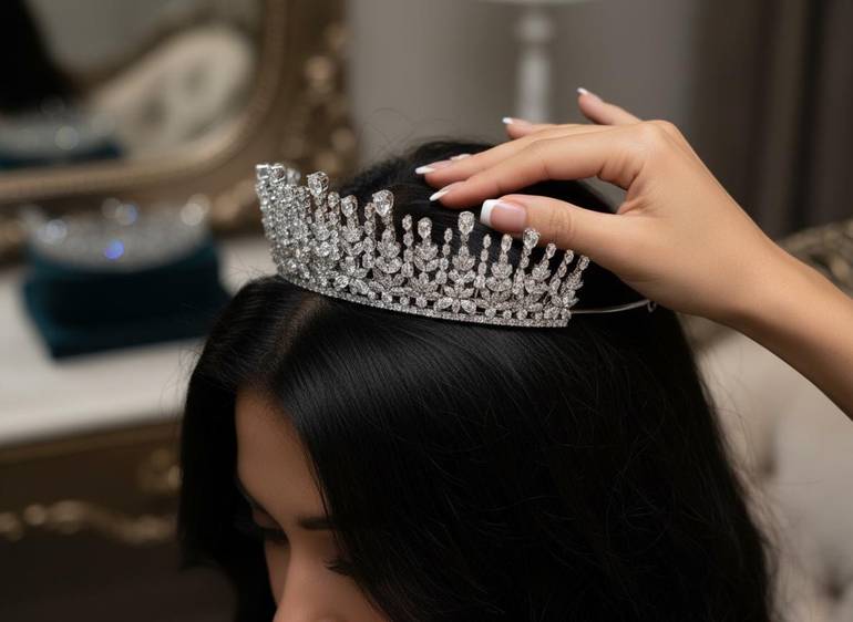 تاج زركون سهرة لون فضي مع علبة فخمة