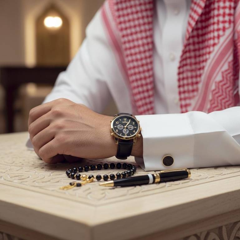 ساعة رجالي ضد الماء مع كبك وقلم ومسبحة وعلبة فخمة
