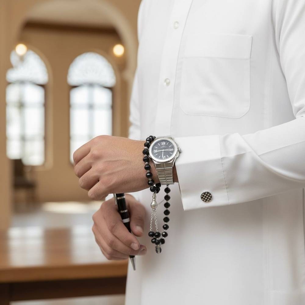 ساعة رجالي ضد الماء مع كبك ومسبحة وقلم وعلبة فخمة