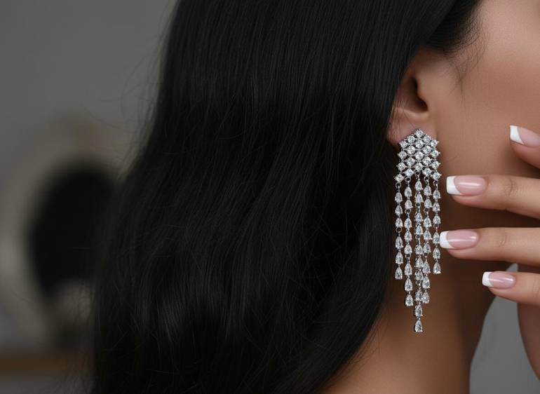 حلق زركون سهرة لون فضي مع علبة فخمة
