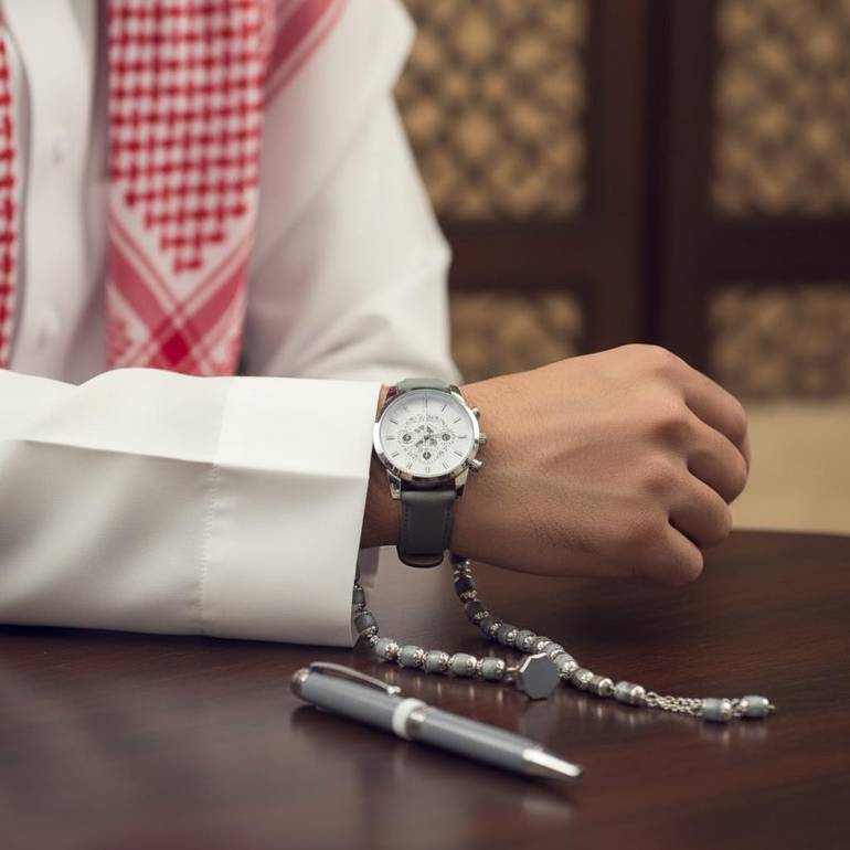 ساعة رجالي ضد الماء مع كبك وقلم ومسبحة وعلبة فخمة