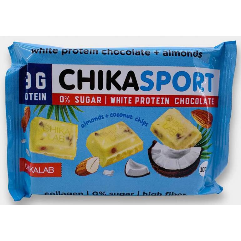 شيكاسبورت- شوكلاتة ببروتين الحليب خالية من السكر 100 جم Chikasport  - شوكلاتة بيضاء وجوز الهند - حبة