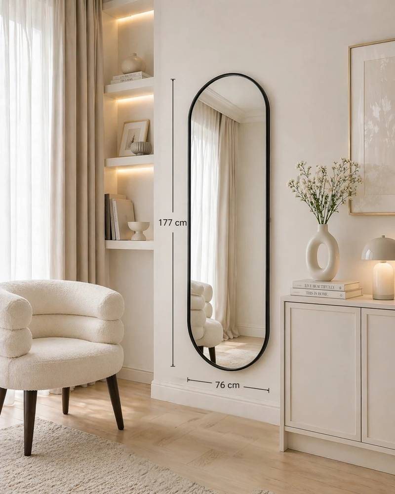  مرآة أرضية فاخرة بتصميم قوسي مائل بإطار ذهبي أنيق – ارتفاع 177 سم × عرض 76 سم – تصميم عصري مع قاعدة خلفية ثابتة 